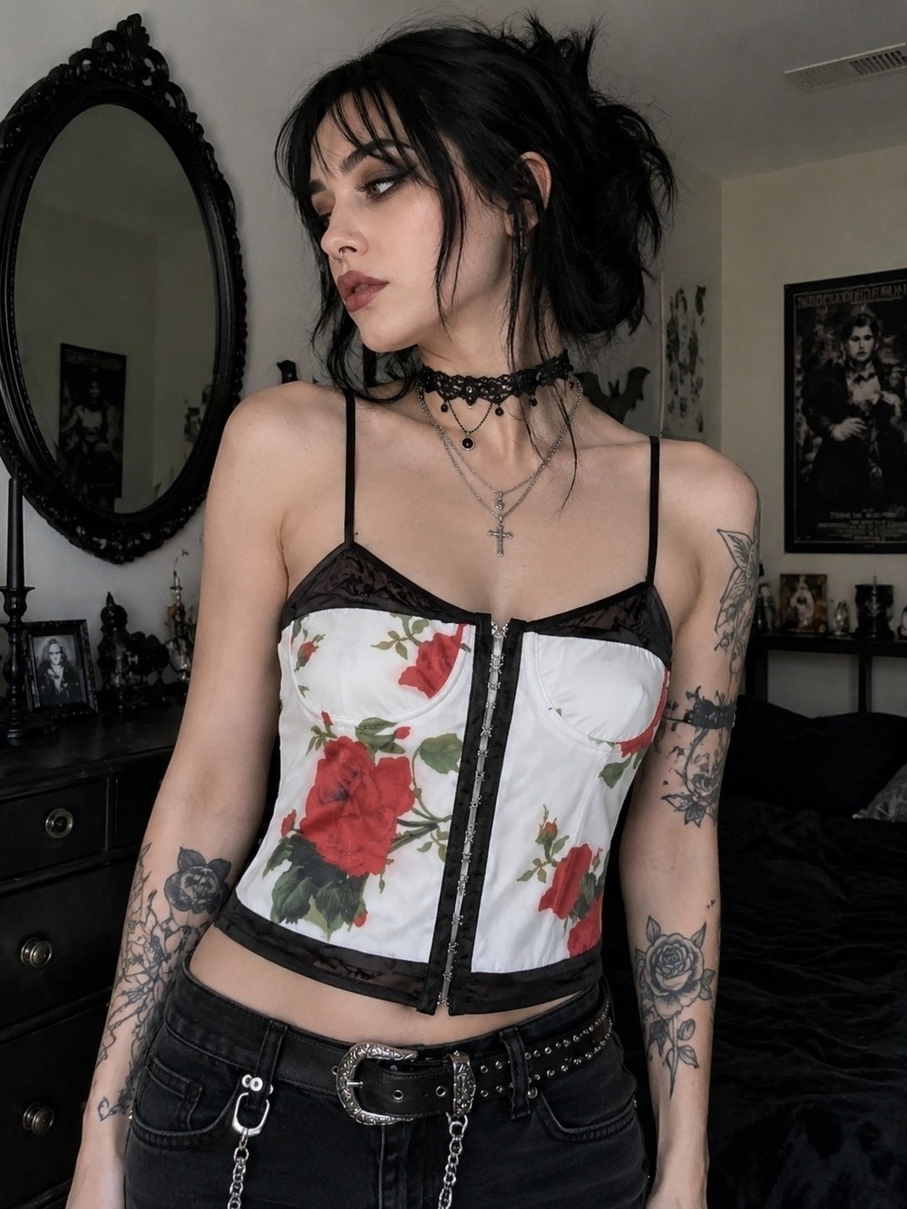 Princess Polly Floral Mesh Corset Cami Top White Red Roses Hook Front US 8